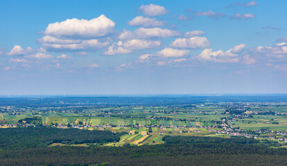 Panorama of Gory Swietokrzyskie Mountains and valleys with Starachowice and Kielce region villages...