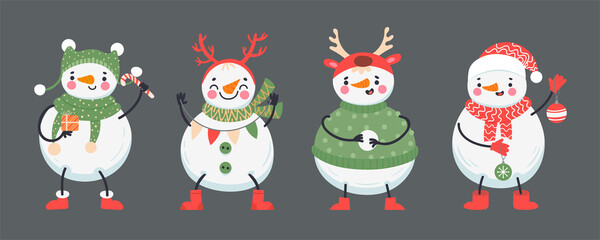 Cute christmas snowmen in winter clothes holding holiday attributes. Characters with cheerful expressions
