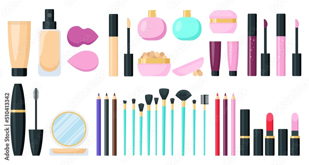 Wall mural big make up products cosmetics set. beauty tools. flat style. isolated vector illustration