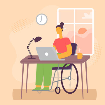 Disabled woman working on laptop. Cartoon young girl on wheelchair working remotely at home. Handicapped female character