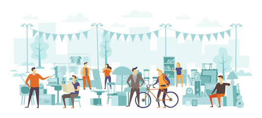 Flea market with people buying second hand goods. Street fair with sellers selling vintage furniture, clothing