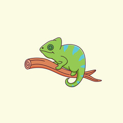 Cartoon cute chameleon sleeping on a branch. animal illustration