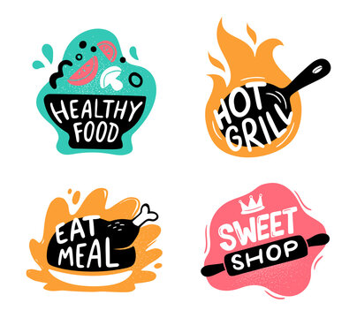 Food menu logotype. Cooking labels with kitchen utensils and text. Culinary badges for store with healthy food and sweet shop