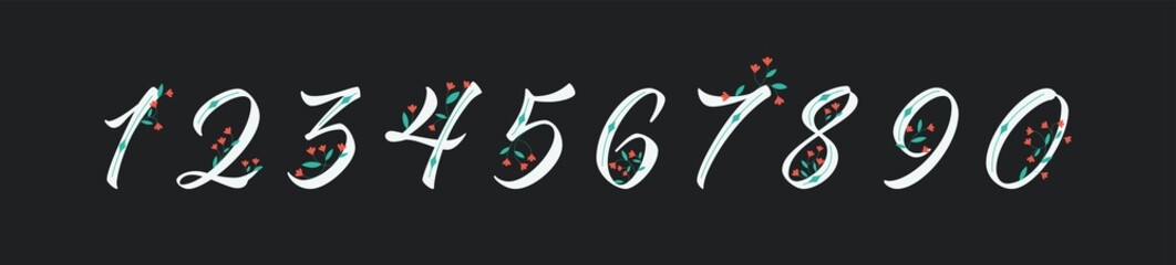 Numbers decorated with flowers. Vector set of custom digits.