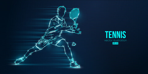 Abstract silhouette of a tennis player on blue background. Tennis player man with racket hits the ball. Vector illustration - obrazy, fototapety, plakaty