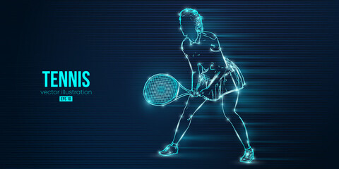 Abstract silhouette of a tennis player on blue background. Tennis player woman with racket hits the ball. Vector illustration