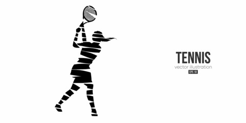 Abstract silhouette of a tennis player on white background. Tennis player woman with racket hits the ball. Vector illustration © Yevheniia