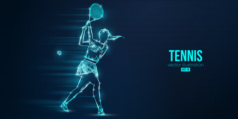 Abstract silhouette of a tennis player on blue background. Tennis player woman with racket hits the ball. Vector illustration © Yevheniia