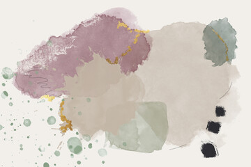 Abstract art watercolor smear painting. Beige, forest green and burgundy and gold tones background.