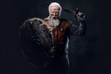 Portrait of furious aged knight dressed in chainmail holding shield and sword against dark...
