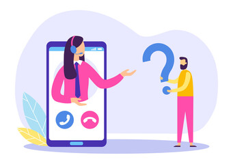 Fototapeta premium Online assistant communicating with clients over mobile phone. Call center operator answering questions and requests