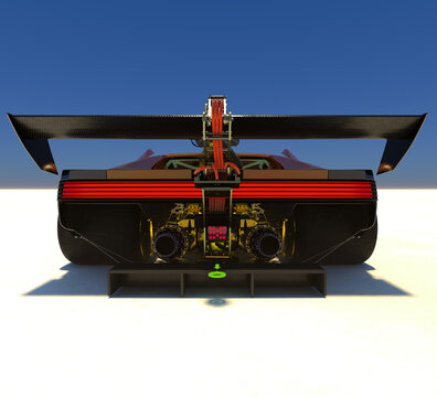 Rear View of a Black Futuristic Car with a Cyberpunk Taillight and a Robot Wing. 3D Rendering.