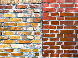 Old brick wall texture, yellow and red brickwork pattern as background