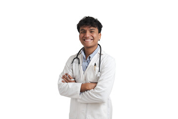 Portrait of a young peruvian male doctor smiling and looking at camera. Isolated over white...
