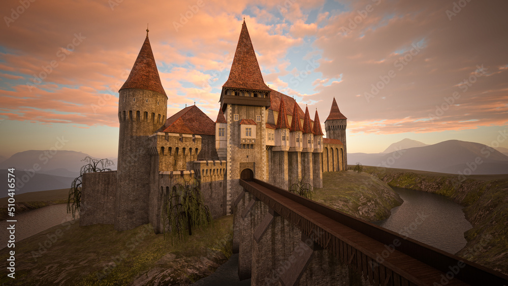Poster Medieval castle in remote landscape with bridge over a moat. 3D rendering.