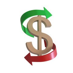Dollar symbol surrounded by two arrows, green pointing up and red pointing down, on a white background. 3D rendering. Finance concept. Isolated