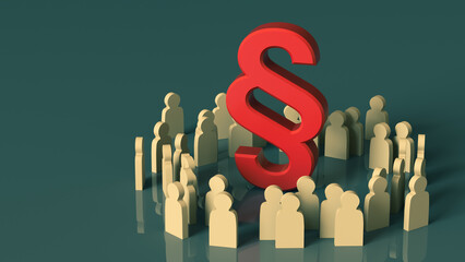 Huge red paragraph symbol rises above the wooden figures of men against a dark background. 3D rendering. Place for text or logo