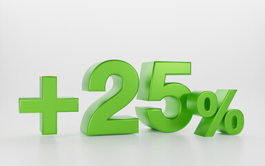 3D plus 25 percent isolated on white background. twenty five green and plus sign used in advertising banners.