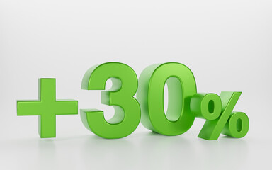 3D plus 30 percent isolated on white background. Thirty green and plus sign used in advertising banners.