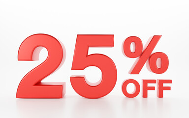 3D Discount 25 Percent off isolated on white background, Red twenty five numbers, special offers, banners used in billboards.