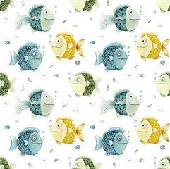Cartoon fishes. Seamless pattern. Watercolor hand painted illustration