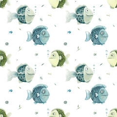 Cartoon fishes. Seamless pattern. Watercolor hand painted illustration