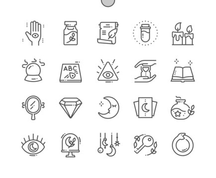 Esoteric. Mystic and magic. Crystal ball, pendulum, masonry, potion and other. Pixel Perfect Vector Thin Line Icons. Simple Minimal Pictogram