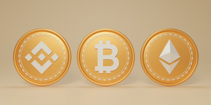3D golden cryptocurrency coin isolated on gold background. Bitcoin, Binance, Ethereum,  Initial Exchange Offering (IEO), Cute Blockchain Cryptocurrency Concept, BTC, BNB, ETH, 3d rendering.
