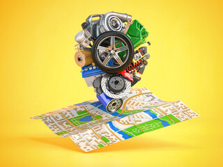 Map pin from car parts on city map. Location of car repair service or garage concept.