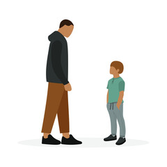 Male character looking at a boy on a white background