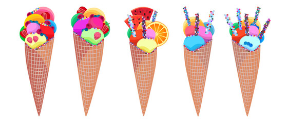 Set. Ice cream with fruit in balls in a waffle cup. Ice cream vector illustration, sweetness, cool summer food