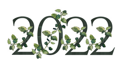 Year 2022 watercolor floral monogram with melissa twigs, isolated on white. Dark green serif alphabet. For graduation, special event and celebration marketing materials, invitations and cards