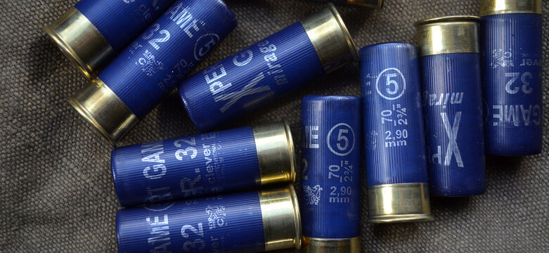 Shotgun cartridges. Ammunition for 12 gauge smoothbore weapons. Hunting ammunition.Kiev,Ukraine. April 24, 2022.