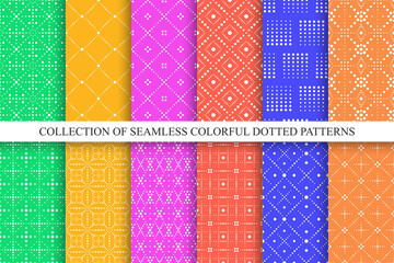 Collection of vector seamless dotted ornamental patterns - geometric design. Bright trendy colorful backgrounds. Minimalistic stylish vibrant prints