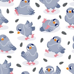 Pigeon pattern. Seamless print of cartoon colorful cute bird with funny face and emotions, group of mascot animals in motion. Vector texture