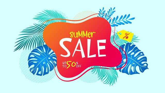 Summer sale banner video. Summer abstract geometric background with palm leaves and monstera leaves. Tropical background. Seasonal discount design