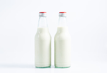 milk bottle on a white background,Bottle with fresh hemp milk on white background