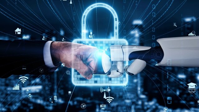 Futuristic robot artificial intelligence enlightening AI technology development and machine learning concept. Global robotic bionic science research for future of human life. 3D rendering graphic.