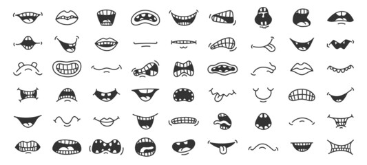 Fototapeta Doodle smile. Cartoon mouth with different face expression, laugh anger and scary emotion pop art sketch. Vector hand drawn funny mouths isolated collection obraz