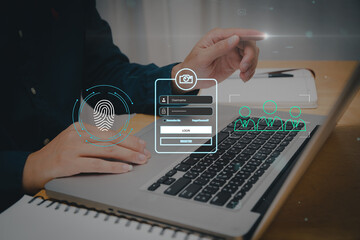 person typing on a laptop, Concept of cyber security, information security and encryption, secure access to user's personal information, secure Internet access, cybersecurity , security network.