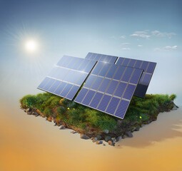 Solar panels on sky background. Solar power plant. Green electricity.	