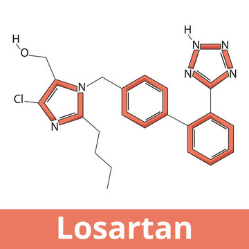 Chemical structure of losartan. It is a medication used to treat high blood pressure (hypertension). It is also used for diabetic kidney disease, heart failure, and left ventricular enlargement.