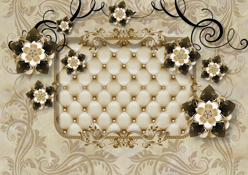3d Wallpaper Brown Jewelry Flowers On Golden Leather Frame Background