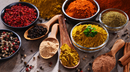 Variety of spices on kitchen table