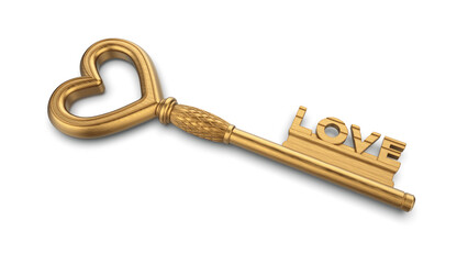 Golden key from the love letter isolated on white. Gold key to success. 3d illustration