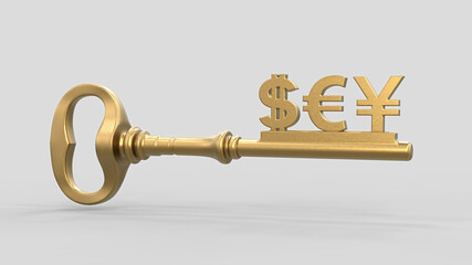 Golden key with currency signs on the white background. Gold key success concept. 3d illustration