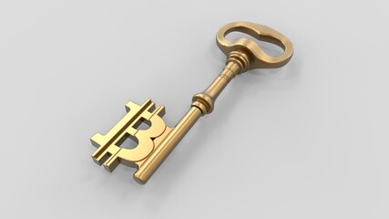 Golden key with bitcoin sign on the white background. Gold key success concept. 3d illustration