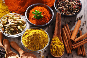 Variety of spices on kitchen table