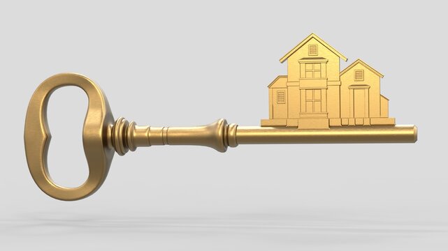 Gold key success concept. Housing sign with golden key. House key. 3d illustration