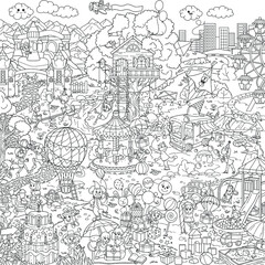 Black and white contour children's square large coloring poster. Ready file for printing. A children's holiday and a festival in nature.